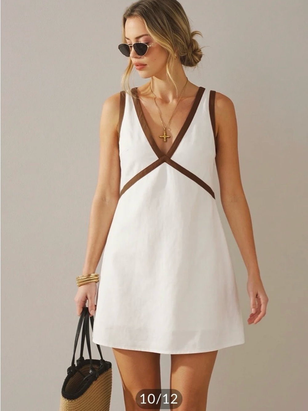 Commense White Mini Dress with Brown Trim